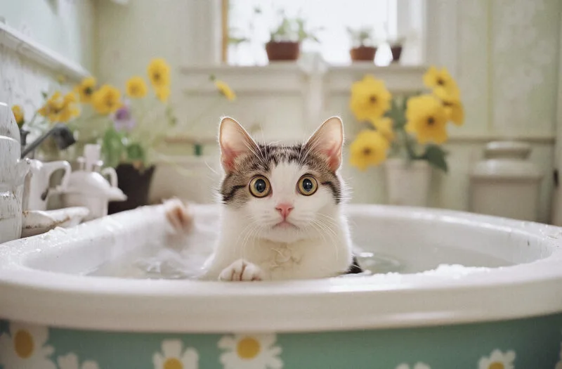 Anxious cat showing stress behaviour in bath - sign to book a cat behaviour consultation